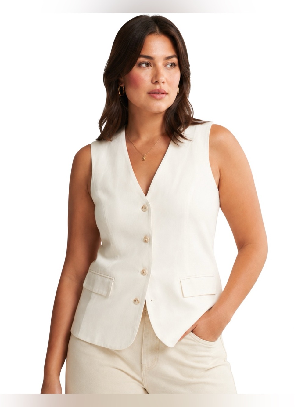 NWT Topshop Linen Mix Longline Fitted Vest Waistcoat Ivory White US 10